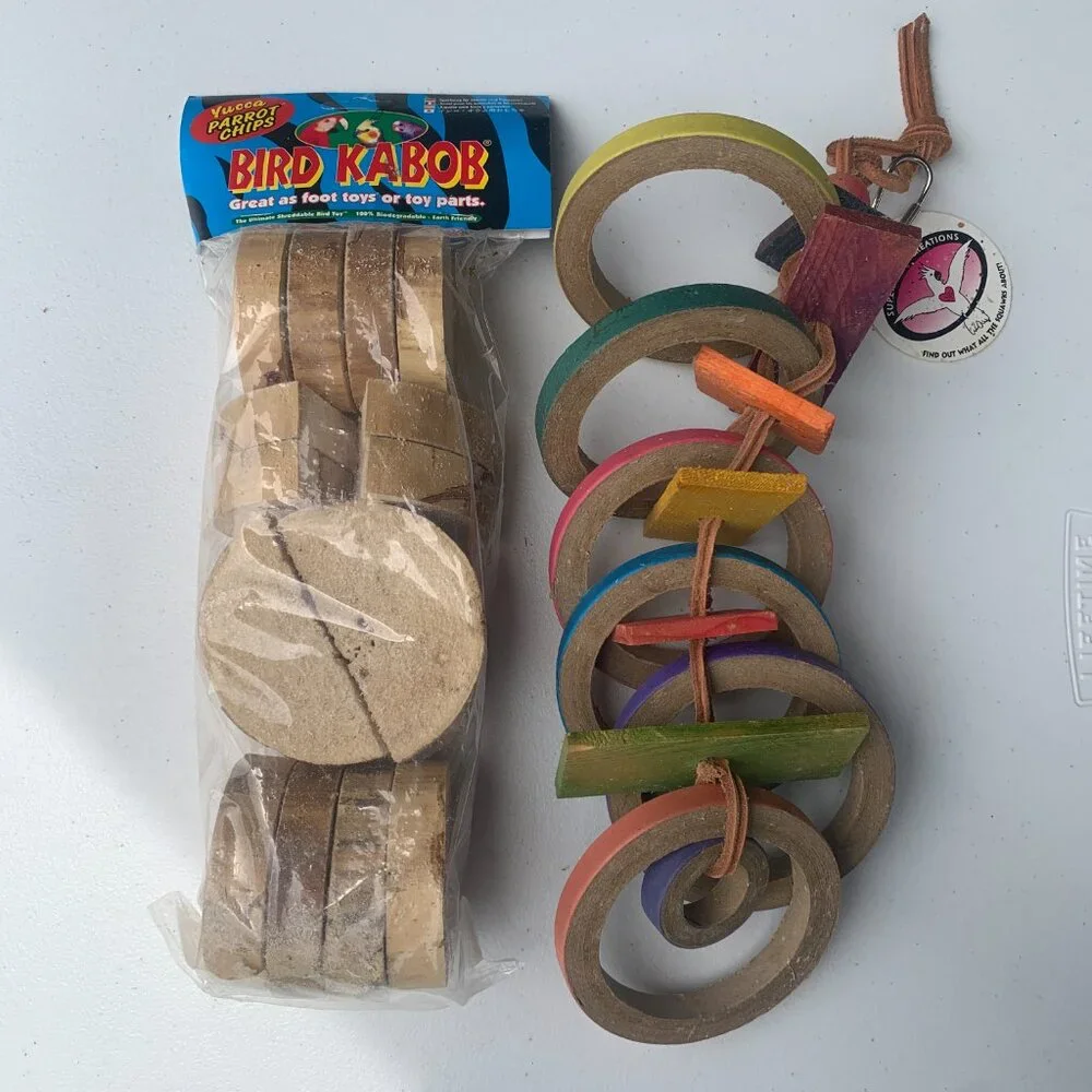 BIRD SUPPLIES - 2pc lot PARROT MACCAW, hanging cage toys, blocks, wood, shred